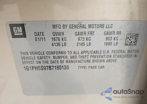 2011 Chevrolet Cruze Ltz z USA, uszkodzony, nr VIN 1G1PH5S97B7180130